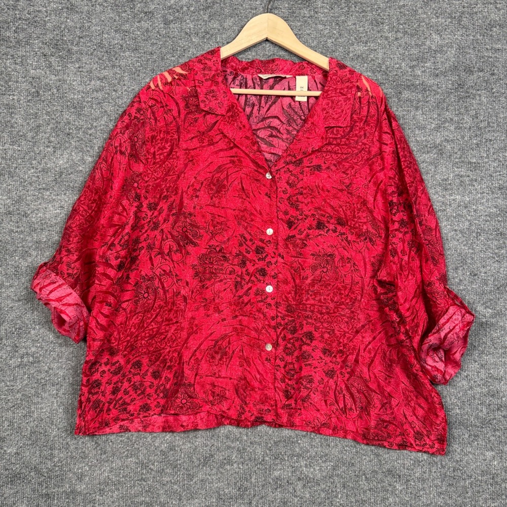 French Laundry Plus Size 3 X Shirt Blouse Red Semi Sheer Floral Roll Tab Sleeves